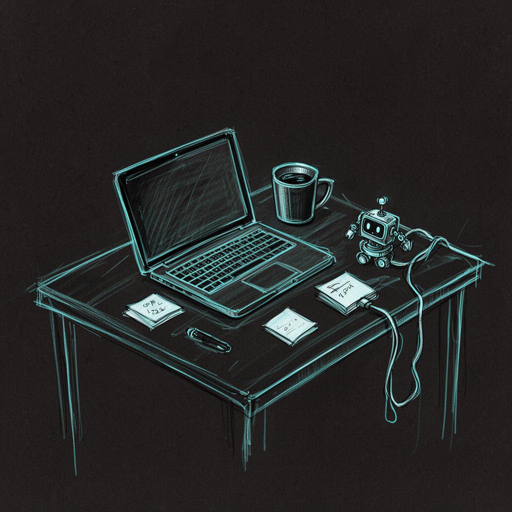 Hand-drawn sketch of a working desk with a laptop and a small robot helper